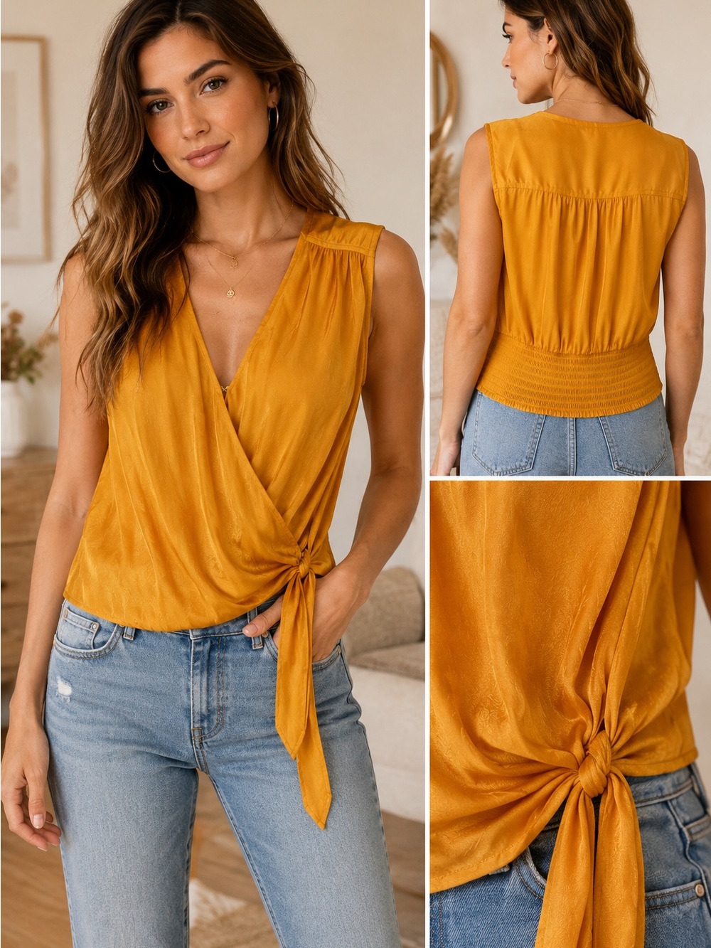 Maeve Mustard Wrap-Front Tie V-Neck Sleeveless Top